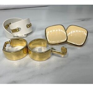 Lot of 3 Pair Vintage Gold Tone Clip On Hoop & Cream Square Earrings Set